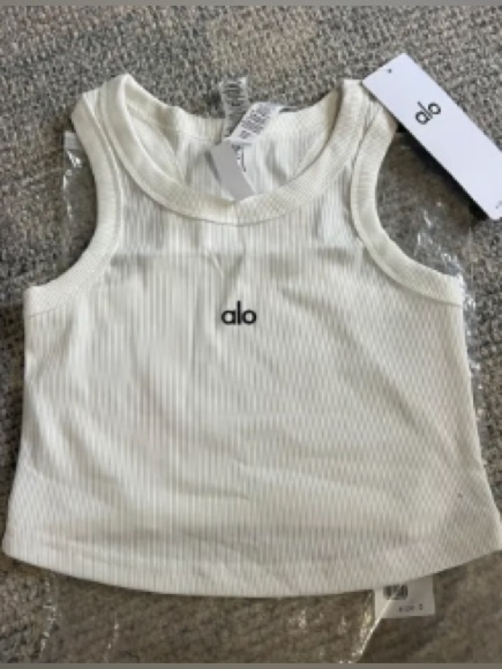 ALO Yoga Cream Ribbed Tank Top with Black Logo - Picture 1 of 2